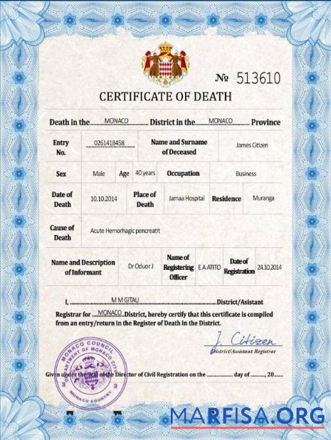 Printable Monaco vital record death certificate PSD template